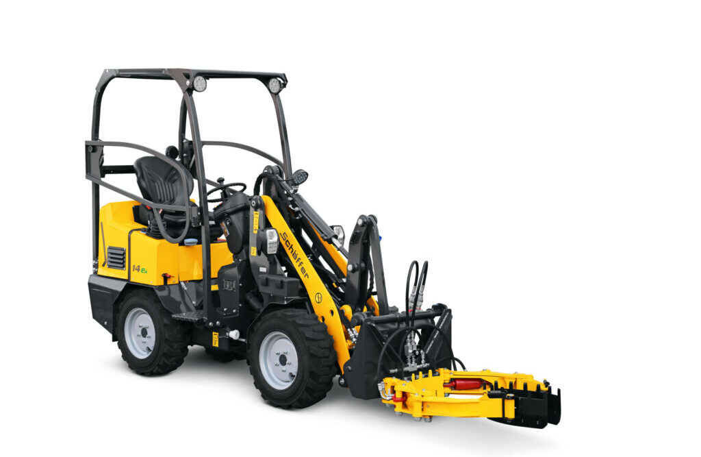 Schaffer 14e electric wheel loader on a white background